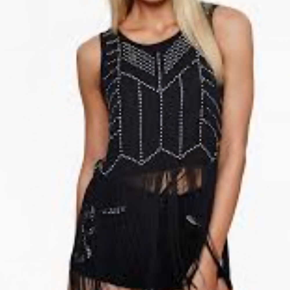IRIS Black Sleeveless Blouse  with Silver Studding And Fringe